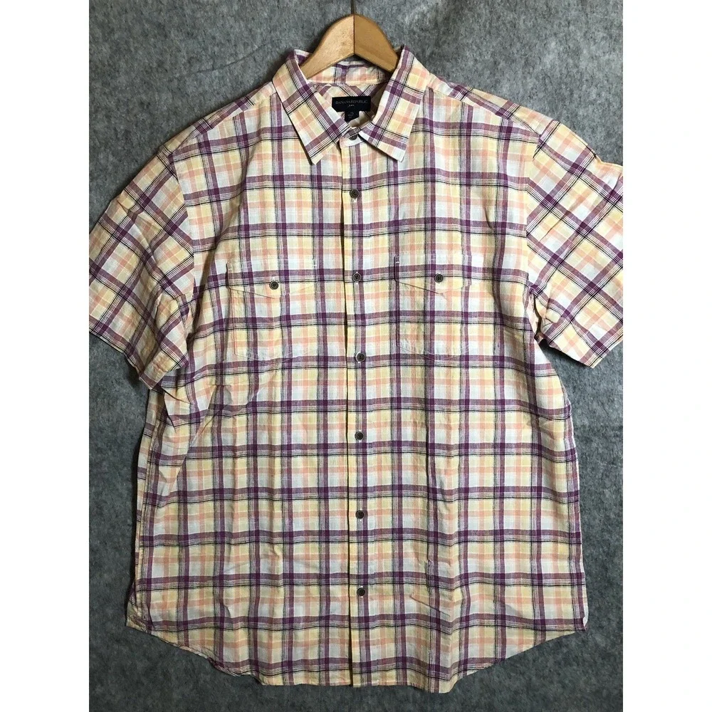 Banana Republic Shirt Men XL Linen Plaid Casual Coastal Beach Nautical